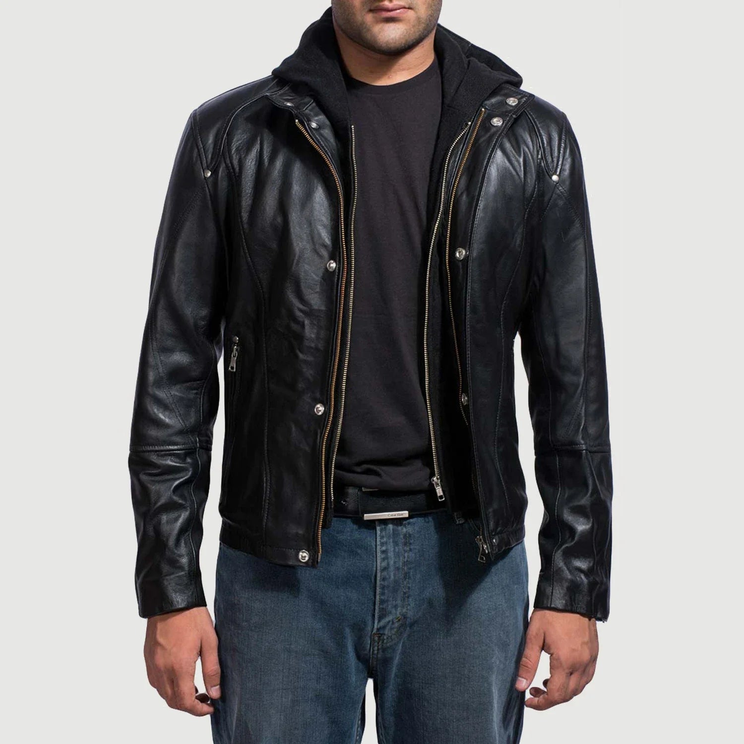 Mens leather jacket with leather hood sale